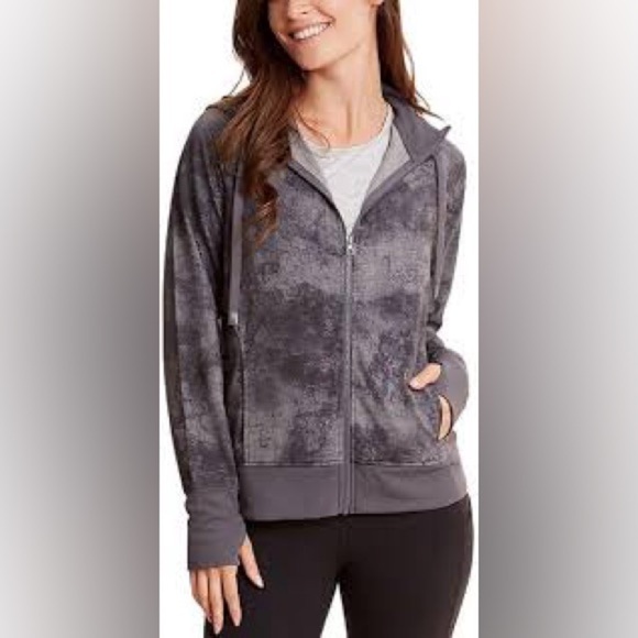 Danskin-Women’s Double-Collar-Full-Zip-Hooded gray Jacket Marble Print Large - Picture 1 of 11